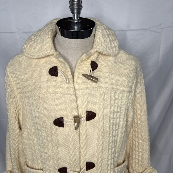 Branigan Weaver Wool Coat M Cream Toggle Buttons Cable Knit Cardigan Fisherman - Picture 2 of 15
